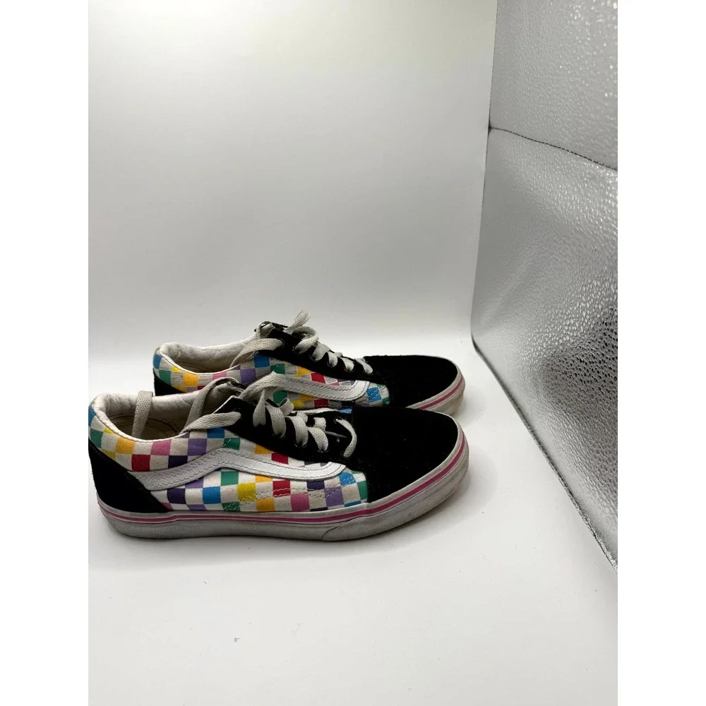 Vans Old Skool Rainbow Checkerboard Unisex Kid 4 Sneaker Black Suede Skate Shoes